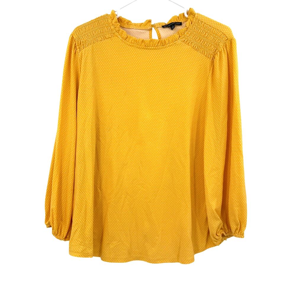 Adrianna Papell Size Large Long Sleeve Blouse Top Shirt Yellow White Polka Dot